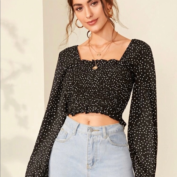 SHEIN POLKA DOT LETTUCE EDGE CROP TOP IN BLACK - Picture 2 of 3